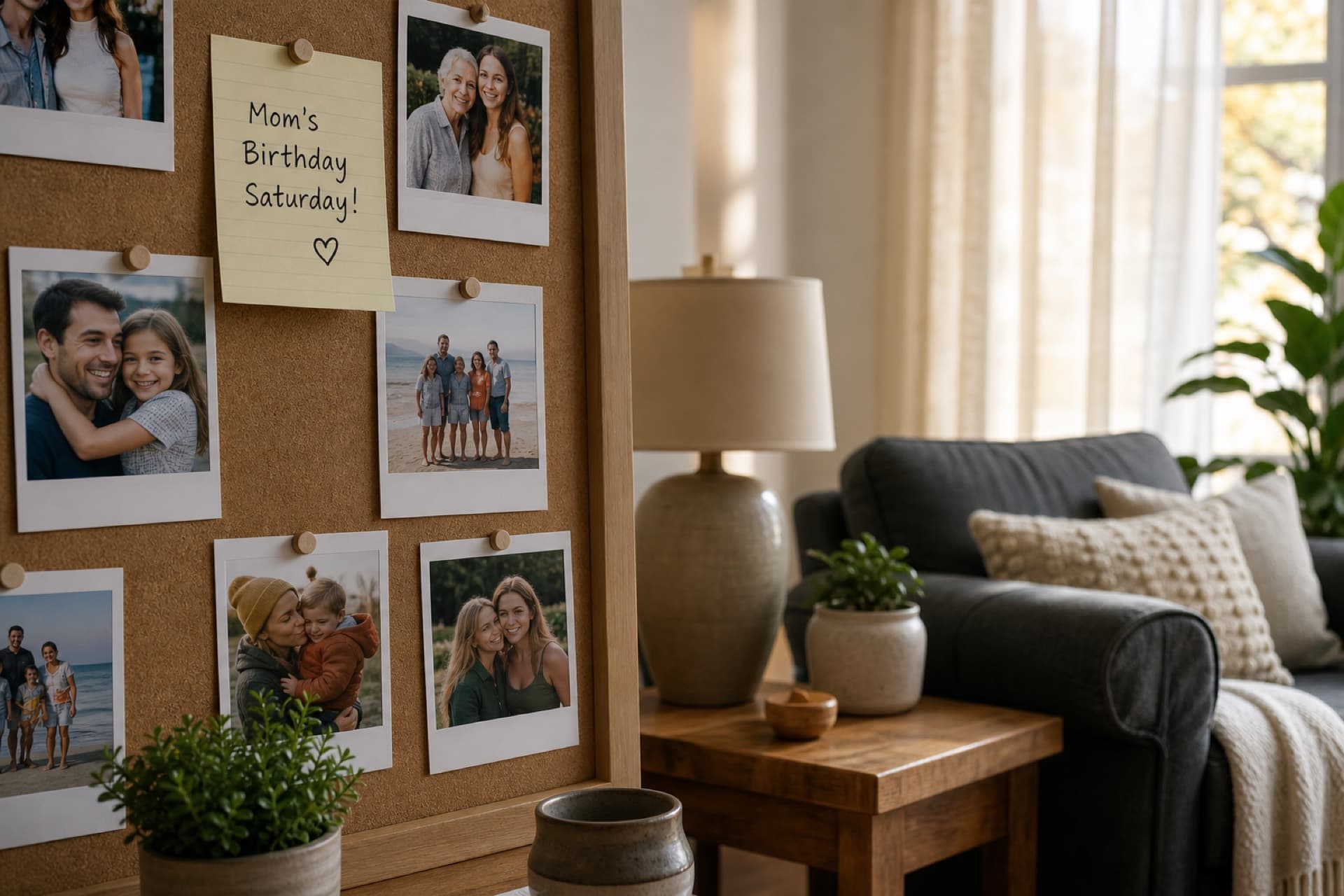 Family photos and a reminder note pinned on a cork board